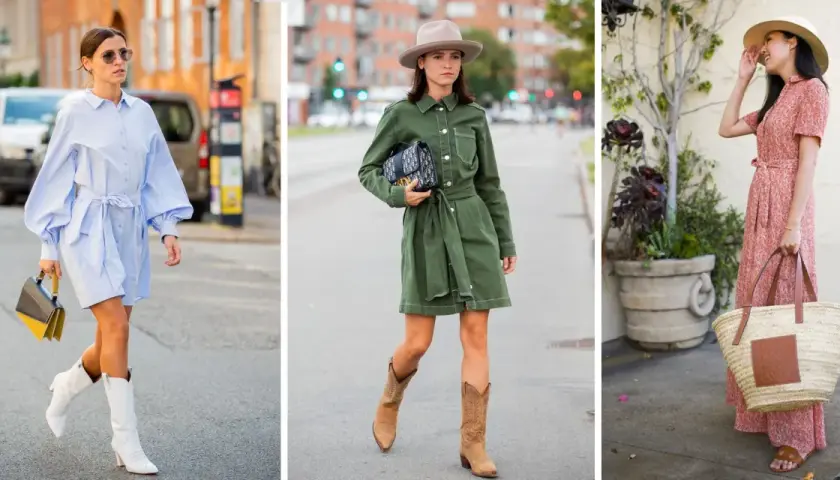 Tres mujeres muestran cómo combinar vestido camisero largo: con botas blancas, botas de vaquero o sombrero y cesta.