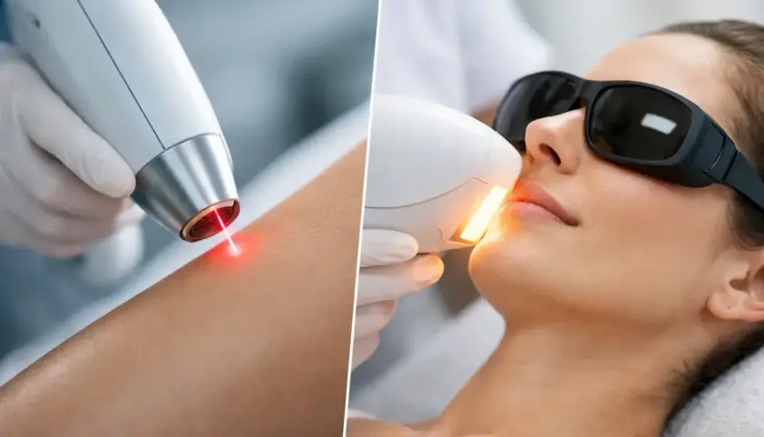 Närbild på arm som behandlas med ipl eller laser, samt en kvinna som får ansiktsbehandling med laser.