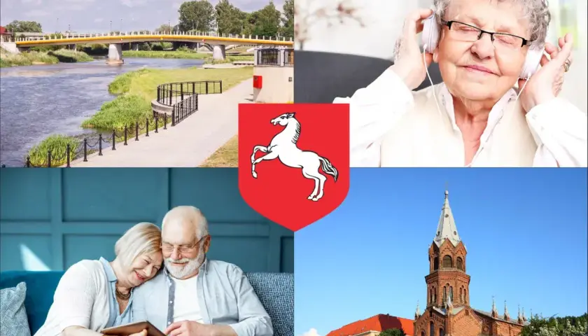 Cztery obrazy: most nad rzeką, starsza kobieta w słuchawkach, para seniorów z tabletem, kościół.