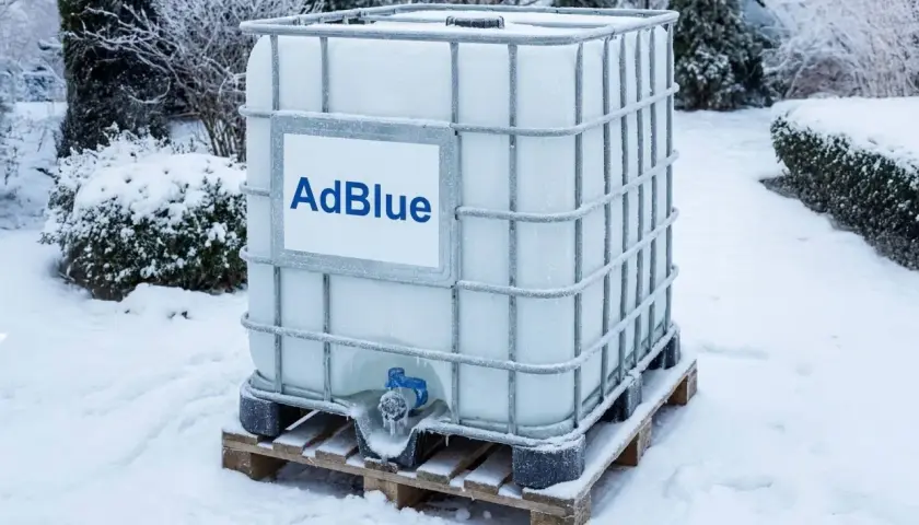 Duży zbiornik z AdBlue stoi na palecie w śniegu. Widać szron i lód, co sugeruje niską temperaturę i potencjalne problemy z zamarzaniem płynu.