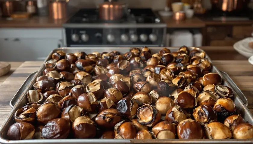 Plateau de châtaignes au four, dorées et craquelées, prêtes à être dégustées. L'odeur réconfortante emplit la cuisine.