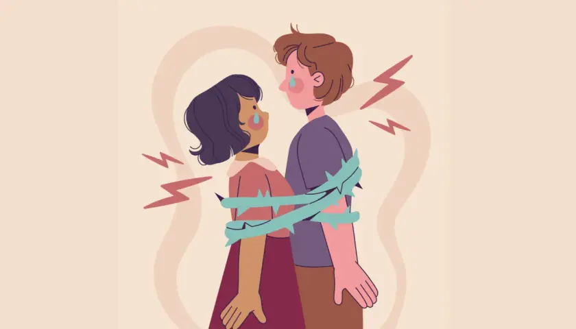 Coppia abbracciata, circondata da spine, con lacrime e fulmini. Un'immagine che evoca la difficoltà di vivere senza sesso, un legame spezzato.