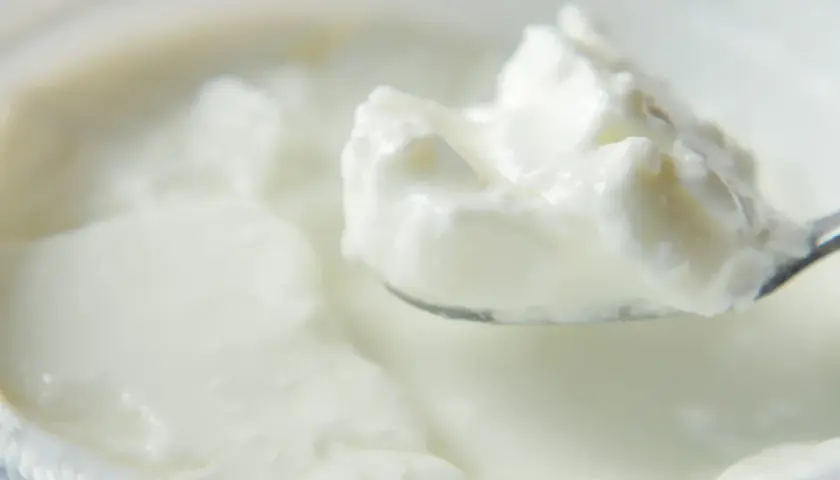 Gęsty, kremowy skyr na łyżce. To tradycyjny islandzki produkt mleczny, bogaty w białko.