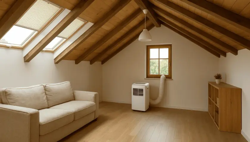 Habitación abuhardillada con sofá, aire acondicionado portátil y estantería. Un ejemplo de como limpiar el aire de una habitación para un ambiente fresco.
