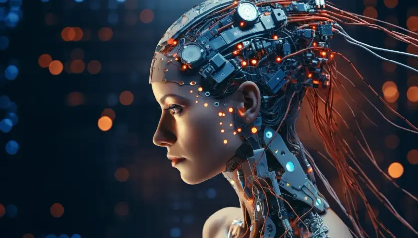 Profil kobiety-robota z widocznymi obwodami i świecącymi diodami, zapowiedź, kiedy sztuczna inteligencja przejmie świat.