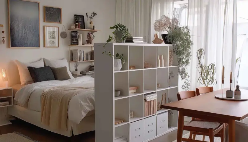 Gemütliche 1 Zimmer Wohnung einrichten 30qm: Bett, Regalwand, Esstisch und Pflanzen schaffen ein harmonisches Zuhause.