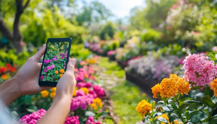 Dłonie trzymające smartfon fotografujący kolorowy ogród pełen kwiatów.