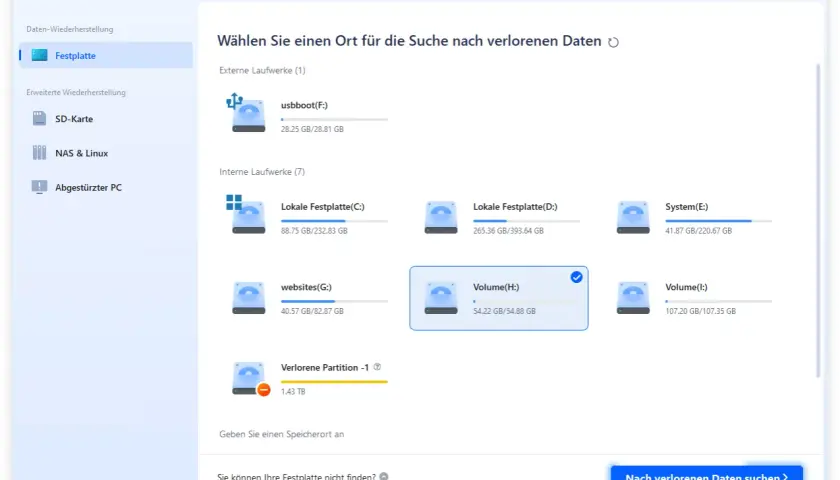 Die Software zeigt eine Liste von Laufwerken zur Datenwiederherstellung an. Eine "Verlorene Partition" mit 1,43 TB ist als externe Festplatte nicht zugeordnet.