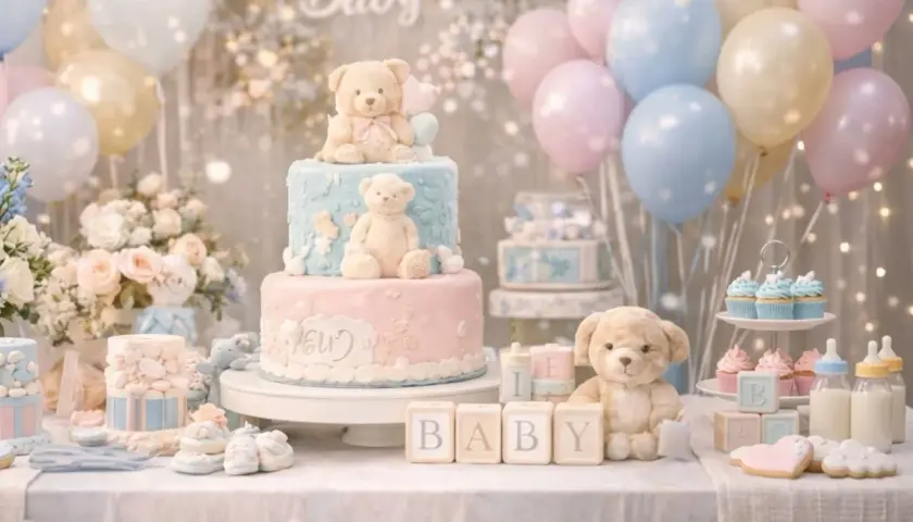 Torta a due piani con orsetti, palloncini pastello e decorazioni a tema per un baby shower. Ecco come organizzare un baby shower indimenticabile!