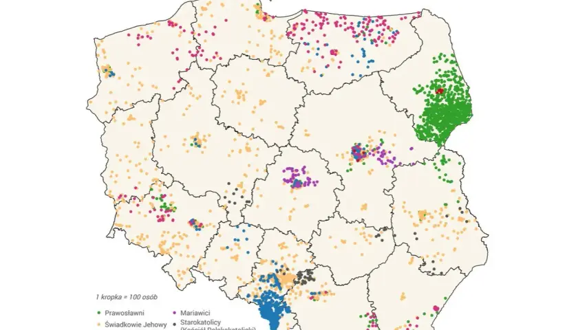 Mapa Polski z kropkami oznaczającymi rozmieszczenie różnych grup wyznaniowych. Różnorodność religii w Polsce widoczna na pierwszy rzut oka.