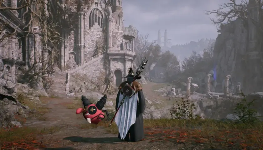 Magiczna postać z towarzyszem przed ruinami zamku. Czy to początek przygody w mmo?