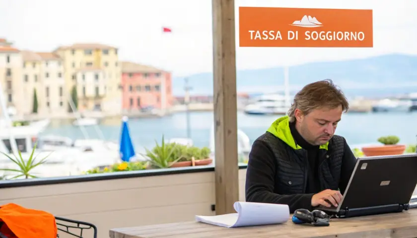 Uomo al lavoro con laptop, con vista sul porto e un cartello "Tassa di soggiorno".