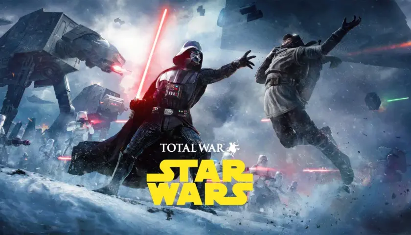Darth Vader walczy z rebeliantami na śnieżnej planecie, podczas gdy AT-AT i myśliwce sieją zniszczenie. To epicka bitwa w stylu **Total War Star Wars**.