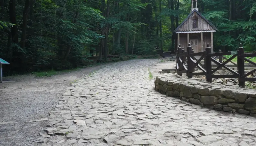 Kamienna ścieżka prowadzi do małej kapliczki w lesie. To wejście na Łysicę, gdzie można poczuć spokój natury.