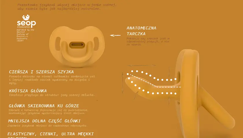 Anatomiczny smoczek Suavinex SX Pro, który jest smoczkiem fizjologicznym, z cienką szyjką i krótszą główką.