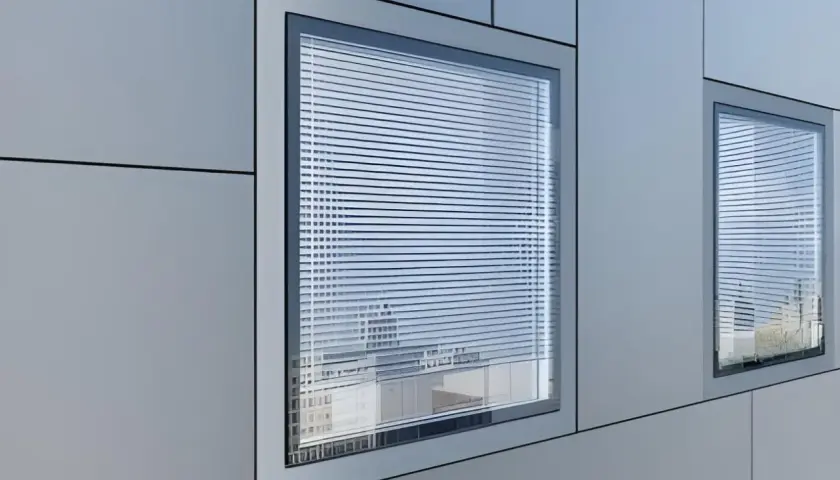 Finestra filo muro interno con veneziane, riflessi di un edificio moderno.