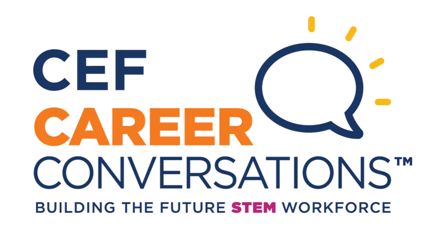 CEF Career Conversations logo, featuring a speech bubble icon and text about building the future STEM workforce.