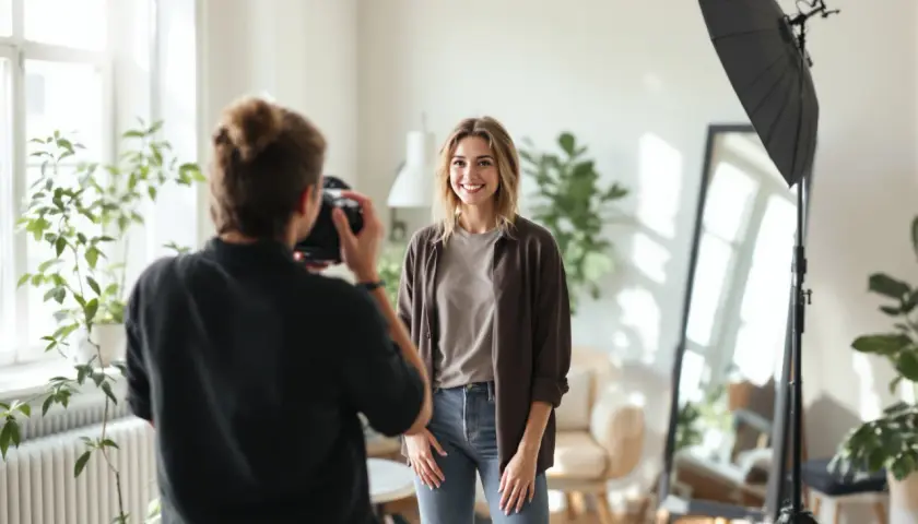 Fotograf robi zdjęcie uśmiechniętej modelce, która uczy się, jak pozować do zdjęć. W tle widać lampę i rośliny.