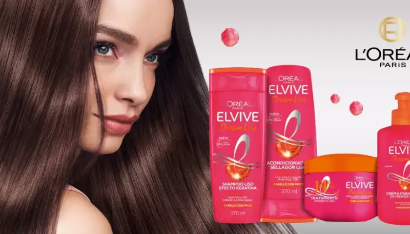 Mujer con pelo liso y sedoso, junto a productos L'Oréal Elvive Dream Liso para un cabello sin frizz.