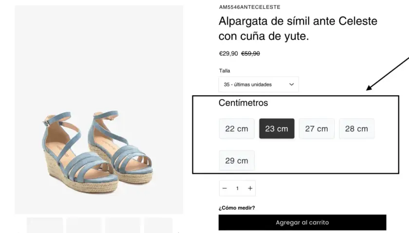 Alpargatas azules con cuña de yute. Se muestra cómo se mide el tacon de un zapato en centímetros, con opciones de 22, 23, 27, 28 y 29 cm.