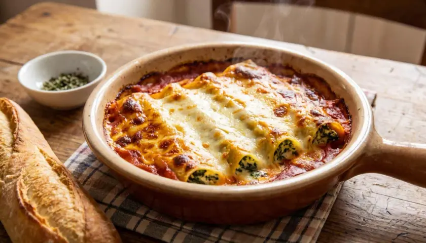 Cannelloni gratinés à la tomate et mozzarella fondante, fumant sur une table en bois. Un délice réconfortant.