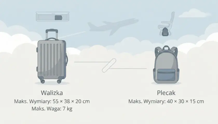 Porównanie walizki i plecaka jako bagażu podręcznego. Walizka: 55x38x20 cm, 7 kg. Plecak: 40x30x15 cm.