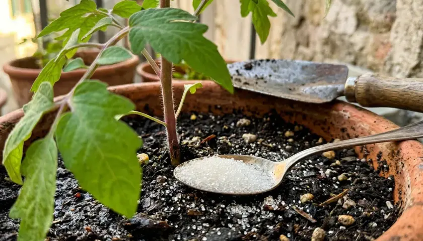 Un cucchiaino di zucchero, un piccolo trapianto e una paletta: ingredienti per un concime per pomodori fai da te che promette crescita rigogliosa.