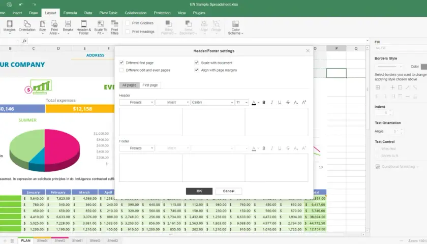 Finestra di dialogo per l'intestazione e il piè di pagina di Excel, con opzioni per personalizzare l'intestazione.