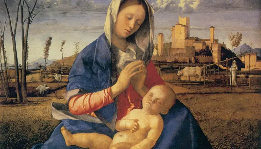 Madonna z Dzieciątkiem, przykład klasycznych aktów w malarstwie światowym. Dziecko śpi na kolanach matki, w tle krajobraz z zamkiem.