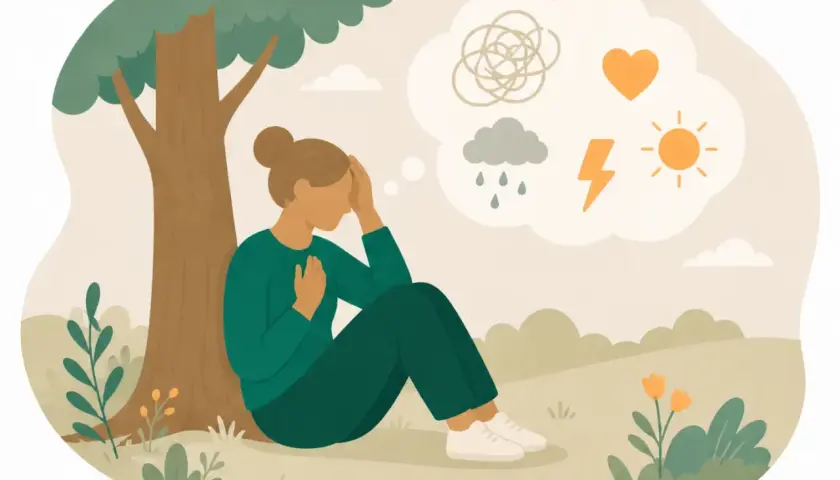 En person sitter under ett träd, med tankar om beslutsångest och adhd. Moln med regn, blixtar, sol och ett hjärta syns i tankebubblan.