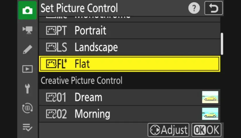 Menu aparatu Nikon, wybór ustawienia "Picture Control". Podświetlona opcja "FL* Flat".