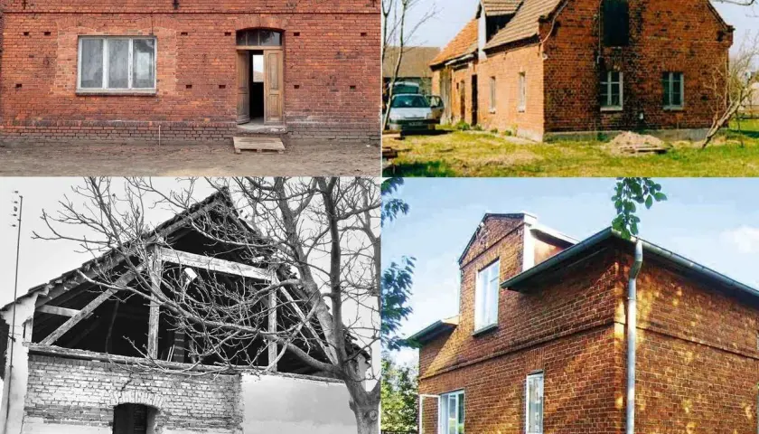 Metamorfoza starego domu: od ruiny do odnowionej ceglanej perełki. Zdjęcia pokazują przemianę.