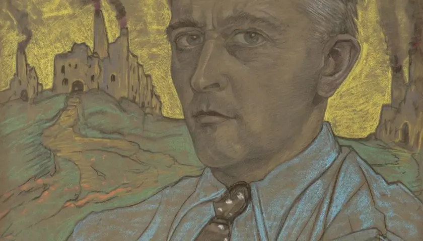 Portret mężczyzny w niebieskiej koszuli i krawacie, na tle industrialnego krajobrazu. Jedno z charakterystycznych dzieł z cyklu witkacy portrety.
