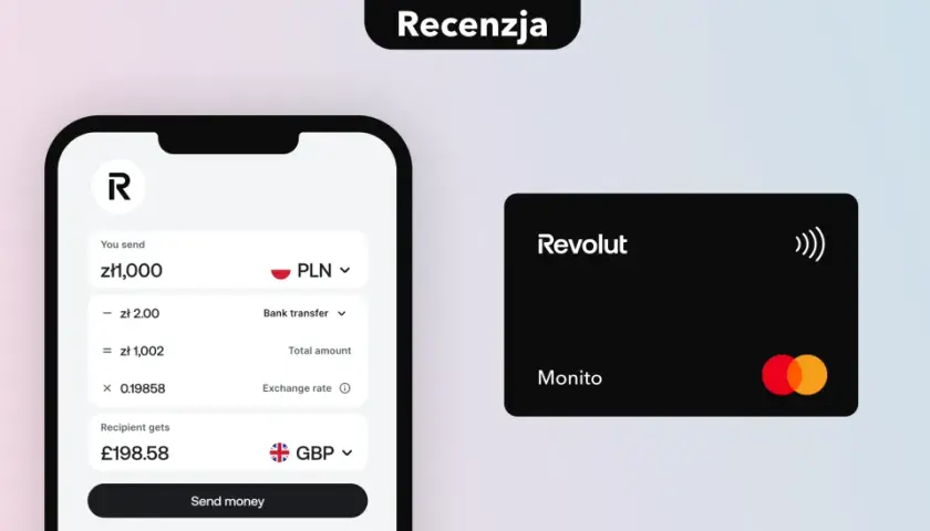 Aplikacja Revolut pokazuje przelew 1000 zł na konto w GBP. Obok czarna karta Revolut.
