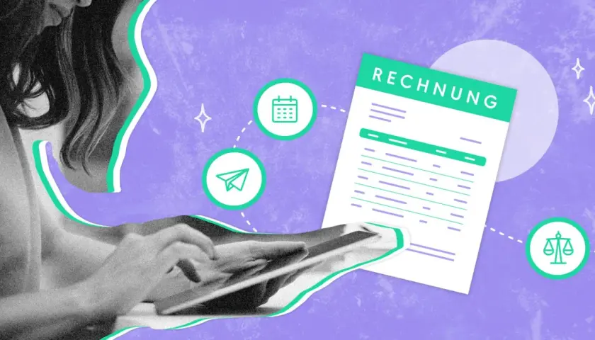 Frau nutzt Tablet für Zahlung auf Rechnung. Icons für Kalender, E-Mail und Waage deuten auf Finanzmanagement hin.