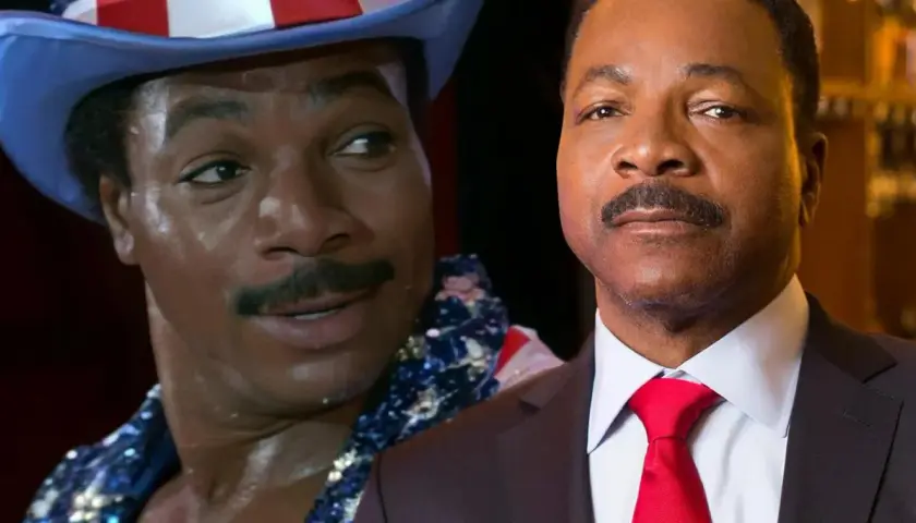Carl Weathers w filmach: młody Apollo Creed w amerykańskiej czapce i starszy pan w garniturze z czerwoną muszką.