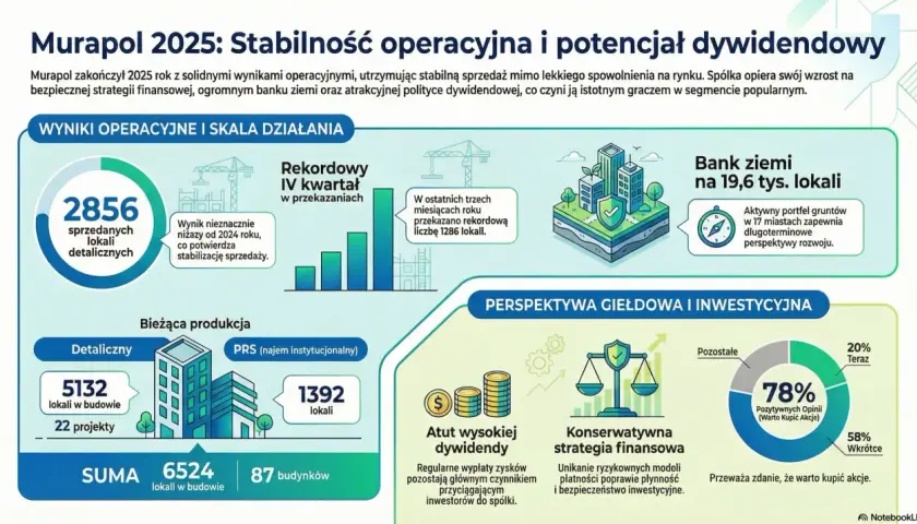 Murapol akcje: stabilna sprzedaż, bank ziemi i potencjał dywidendowy. 78% pozytywnych opinii o akcjach.