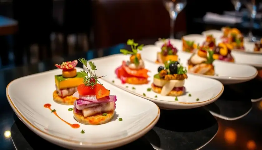 Petits amuse-bouches colorés sur des assiettes blanches, une recette entrée originale et raffinée.