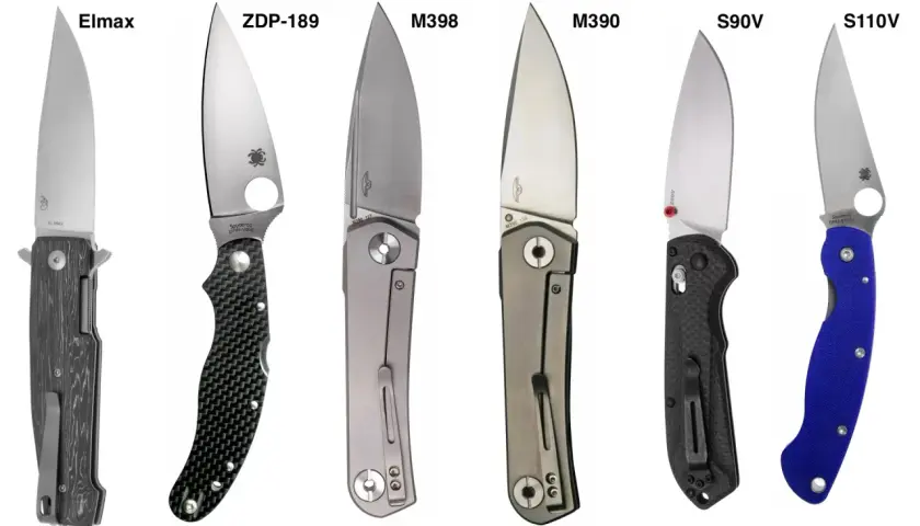Sześć noży z różnych rodzajów stali: Elmax, ZDP-189, M398, M390, S90V, S110V.