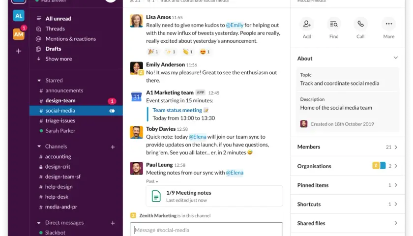 Kanał #social-media w Slacku, gdzie zespół koordynuje działania w mediach społecznościowych.