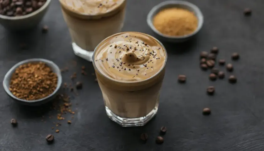 Dwa szklanki kawy mocha mousse z pianką i posypką z kawy. Obok miseczki z kawą rozpuszczalną i cukrem.