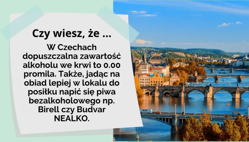 Widok na Pragę z mostami i rzeką Wełtawą, z tekstem o dopuszczalnej zawartości alkoholu we krwi w Czechach.