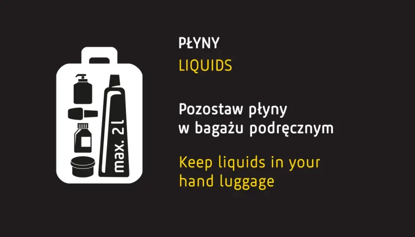 Ikona walizki z kosmetykami i napisem "Pozostaw płyny w bagażu podręcznym".