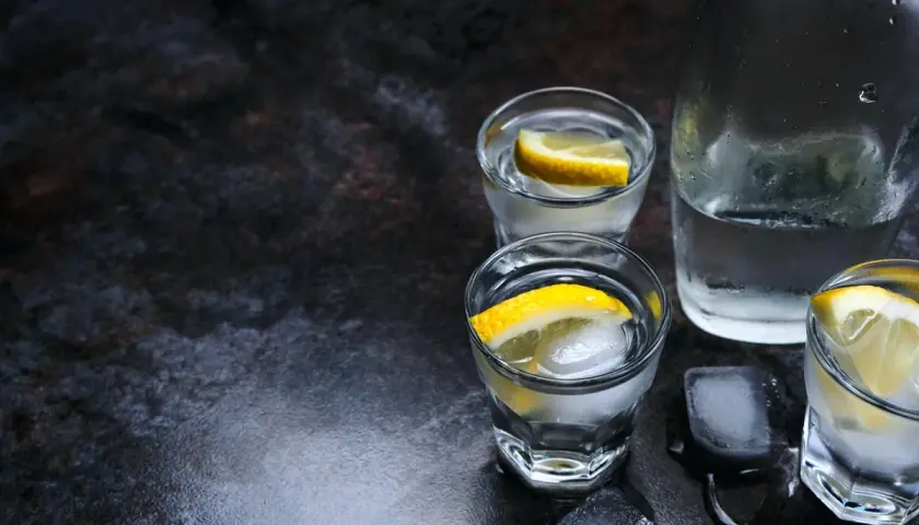 Szklanki z wódką i lodem, ozdobione plasterkami cytryny. Ile trzyma 250 ml wódki? Zależy od apetytu!