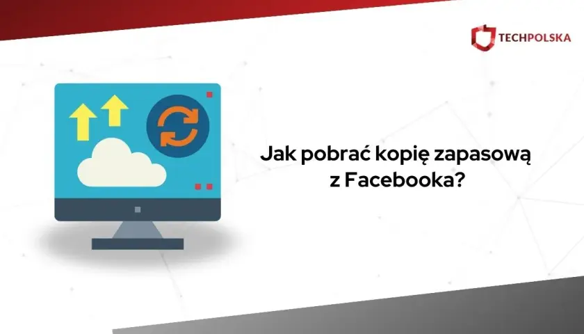 Ikona komputera z chmurą i strzałkami symbolizuje ściąganie z FB. Dowiedz się, jak pobrać kopię zapasową swoich danych.