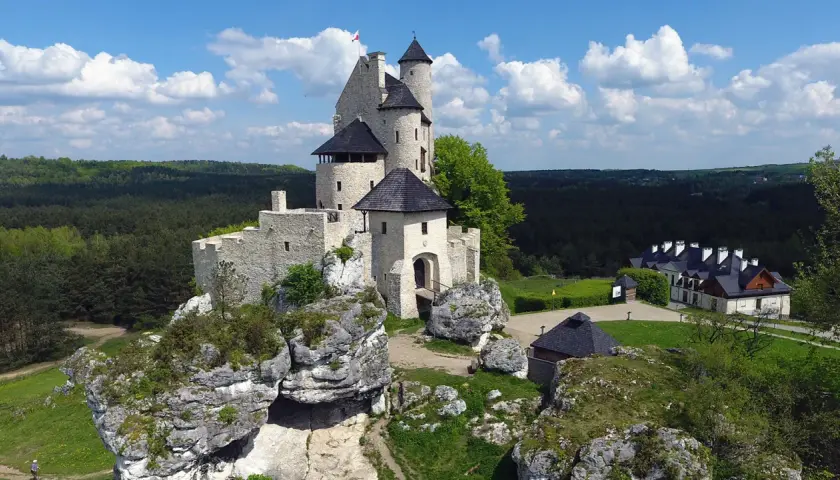Zamek na skale w krajobrazie Jury Krakowsko-Częstochowskiej. W tle las i błękitne niebo z chmurami.