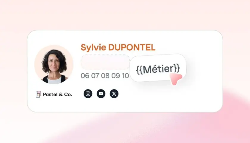 Signature mail de Sylvie DUPONTEL, {{Métier}}, avec son numéro et les icônes de réseaux sociaux.