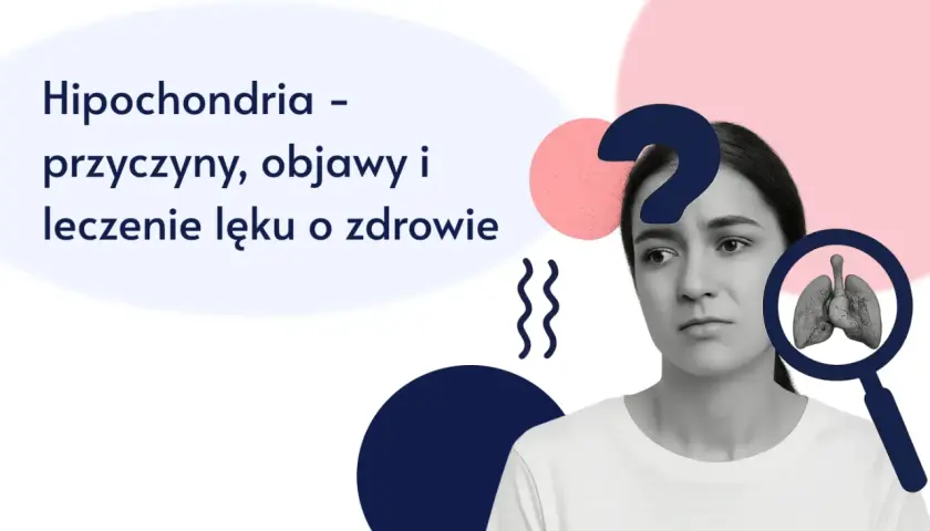 Zmartwiona kobieta z lupą badającą płuca. Tekst: Hipochondria - przyczyny, objawy i leczenie lęku o zdrowie.