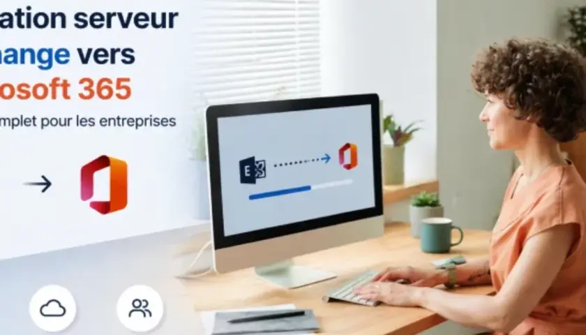 Une femme travaille sur un ordinateur affichant une migration de serveur Exchange vers Microsoft 365. Icônes de performance et collaboration.