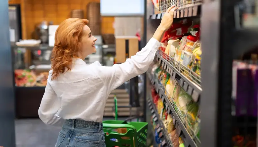 Kobieta w białej koszuli wybiera produkty FMCG, czyli szybko zbywalne towary, w supermarkecie.